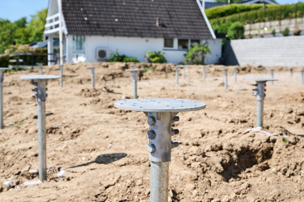 nærbillede af skruepæle som fundament til sommerhus